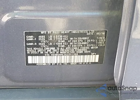 2016 Subaru Outback 2.5I Premium from USA, damaged, VIN 4S4BSAHC2G3351388